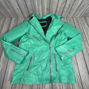 Green Leather Biker Motorcycle Riding Streetwear Jacket Women XL Padded Zipper